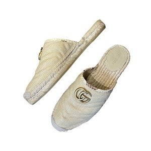 GUCCI Pilar Elaphe Trim Espadrilles GG Monogram Logo Mules Slides